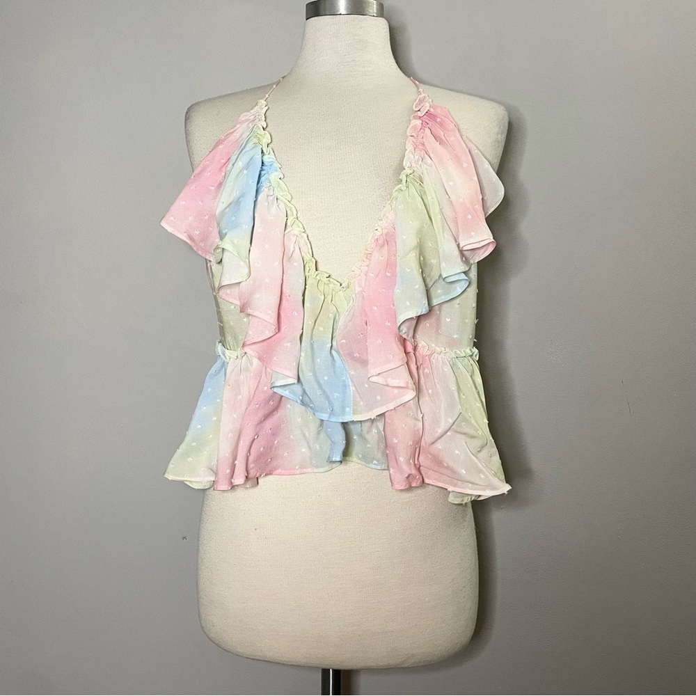 Skylar + Madison Swiss Dot Pastel Rainbow Tie Dye Ruffle Cropped Tank